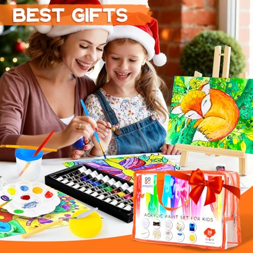 POPYOLA Acrylic Paint Set for Kids, Non Toxic Kids Painting Set with Tabletop Easel, Acrylic Paints, Smock, Canvases, Wooden Stencils, Brushes, Painting Kit Gift for Beginner Student Toddlers - color: Blue