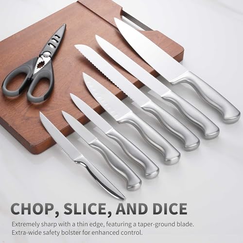 15-Piece Stainless Steel Chef Kitchen Knife Sets with Block & Built-In Sharpener, Professional Chef Knife Sets with Scissors, Steak Knives - color: Silver