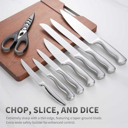 15-Piece Stainless Steel Chef Kitchen Knife Sets with Block & Built-In Sharpener, Professional Chef Knife Sets with Scissors, Steak Knives - color: Silver