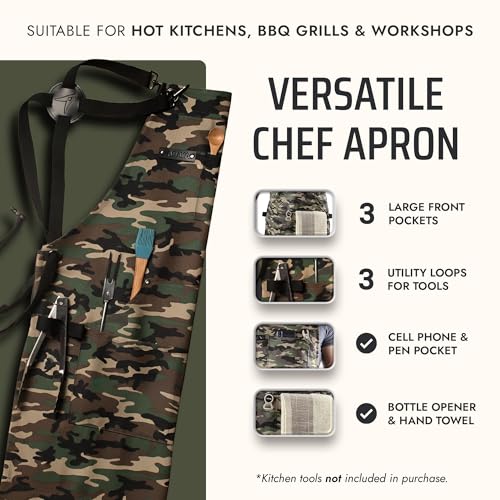 Asaya Chef and BBQ Apron with Bottle Opener and Hand Towel - 10oz Cotton Canvas, Stainless Steel Hardware - Cross Back Straps - color: Green Camo