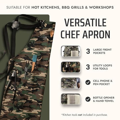 Asaya Chef and BBQ Apron with Bottle Opener and Hand Towel - 10oz Cotton Canvas, Stainless Steel Hardware - Cross Back Straps - color: Green Camo