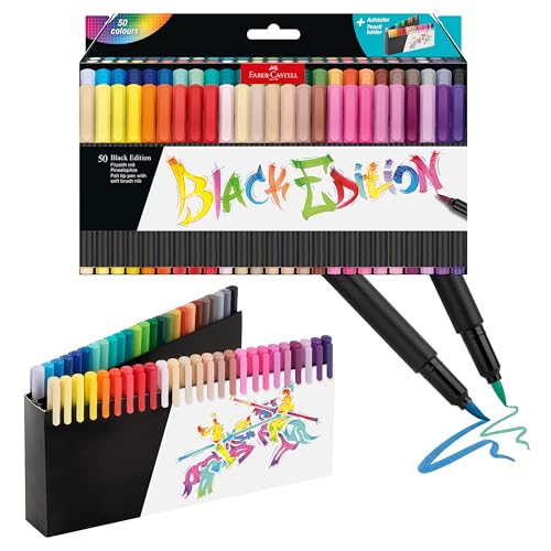 Faber-Castell Black Edition Soft Brush Pens | Great Back to School Art Supplies | 50 Felt Tip Markers with Flexible Brush Nibs for Adult Coloring, Lettering with Foldable Portable Storage Sleeve - size: 50 Count (Pack of 1)