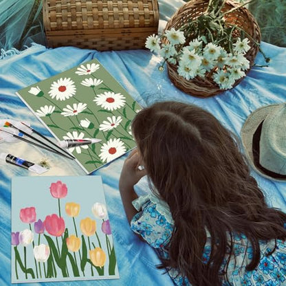 Cholemy 36 Pcs Paint and Sip Kit for Adults 8''x10'' Pre Drawn Canvas for Painting DIY Afro Acrylic Painting Kit Wood Easel Brushes Date Night Bulk for Summer 4th of July Party Gift(Flowering) - style: Flowering