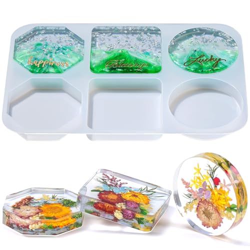 LET'S RESIN Extra Deep Coaster Resin Molds, 6 Cavity Round/Square/Octagon Shape Silicone Molds for Epoxy Resin, Flower Preservation, DIY Art Craft Cup Mats - size: Square&Round&Octagon