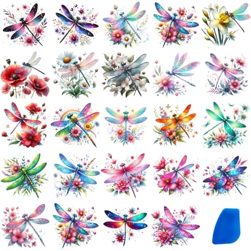 ZMRU 24 Sheets of Watercolor Style Rub on Transfers for Crafts - Perfect for Glass, Porcelain, Leather, Canvas, and Fabric Projects - IOD Transfers Included,3 * 3inch (Colorful Dragonfly) - style: Colorful Dragonfly