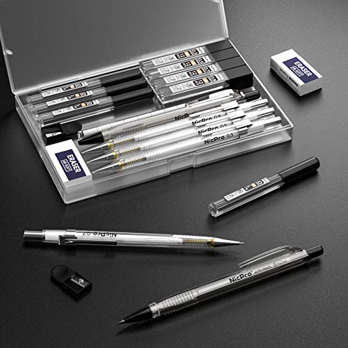 Nicpro 6PCS Art Mechanical Pencil Set, 4PCS Drafting Pencils 0.3 & 0.5 & 0.7 & 0.9 mm & 2PCS 2mm Lead Holder (4B 2B HB 2H) For Writing, Sketching Drawing With 12 Tube Lead Refills Erasers Case - style: 0.3 0.5 0.7 0.9 2.0