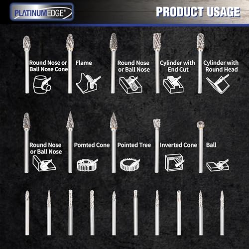 PLATINUMEDGE 20-Piece Carbide Burr Set, Double Cut Tungsten Carbide Rotary Bits with 1/8" Shank – High-Speed Metal Grinding, Carving, Polishing & Engraving for Wood, Stone, Steel, Plastic