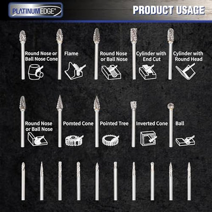 PLATINUMEDGE 20-Piece Carbide Burr Set, Double Cut Tungsten Carbide Rotary Bits with 1/8" Shank – High-Speed Metal Grinding, Carving, Polishing & Engraving for Wood, Stone, Steel, Plastic