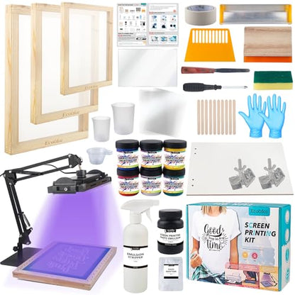 Ecoofor Screen Printing Kit 63 pcs All-in-One Set with 50 W UV Exposure Lamp, 3 Size Wood Screen Printing Frames, 6 Colors Screen Printing Ink, 15 A4 Inkjet Transparency Films & Emulsion Stripper