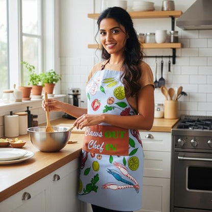 100% Cotton Printed Kitchen Apron with 2 Pockets for Men and Women – Adjustable Chef Apron - Machine Washable - color: Seafood Blue
