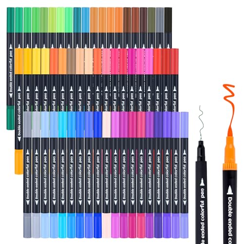 60 Colored Dual Markers Brush Pens, Fine Point Art Marker, Double Tip Colored Pen for Adult Coloring Books, Sketching, Drawing - color: 60 Colors