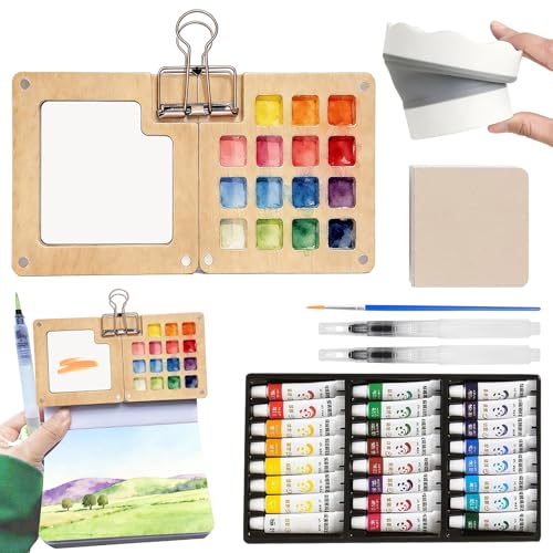 Mini Watercolor Paint Set, Portable Travel Watercolor Kit with 24 Colors, 3 Brushes, Sketchbook and Copper Clip, Pocket Art Supplies for Beginners, Artists, Painting Enthusiasts