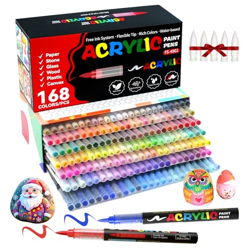 168 Colors Acrylic Paint Markers, Soft Brush Tip Acrylic Markers Set, Paint Pens for Wood, Fabric, Canvas, Glass, Stone, Canvas, Rock Painting and DIY Crafts Art Supplies - color: 168 Colors