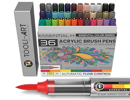 36 Essential Colors Flexible Brush Tip Acrylic Paint Pens Automatic Flow Control 1-5mm Line for Rock Painting,Coloring,Brush Lettering,Scrapbooking,Glass,Mugs,Wood,Metal,Canvas,Fabric,Plastic - color: Essentials