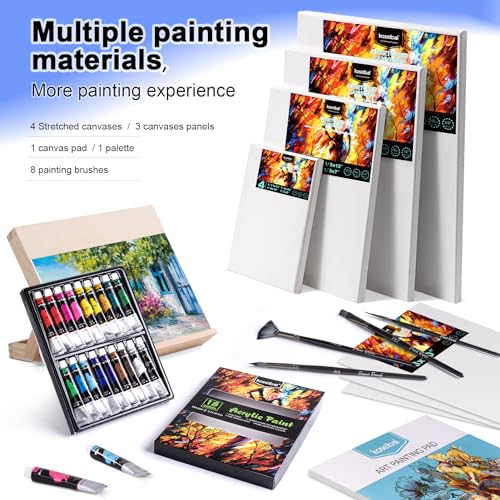 koseibal Acrylic Art Set with 18 Acrylic Paints, 8 Brushes, 4 Stretched Canvas, 1Wooden Easel, Etc, Premium Painting Supplies Kit for Students, Artists Kids, Adults, and Beginner - color: 18color+36pcs