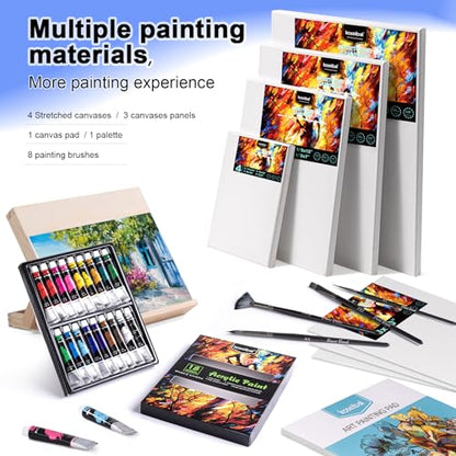koseibal Acrylic Art Set with 18 Acrylic Paints, 8 Brushes, 4 Stretched Canvas, 1Wooden Easel, Etc, Premium Painting Supplies Kit for Students, Artists Kids, Adults, and Beginner - color: 18color+36pcs