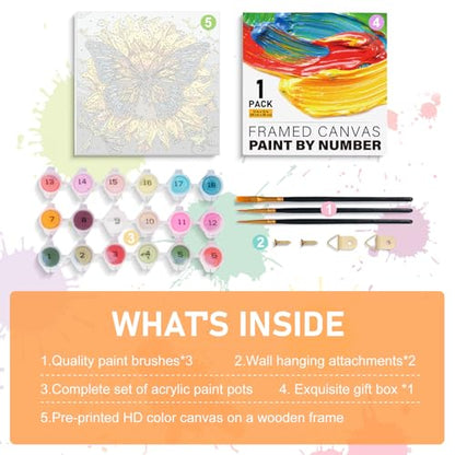 Framed Paint by Numbers Kit for Adults Beginners & Kids Ages 8-12, Butterfly Sunflower Acrylic Easy Paint by Number with Frame, Number Painting Kits on Canvas Framed (12 * 12 Inch, without Easel) - color: BOP1PF01, size: 12 x 12 Inch