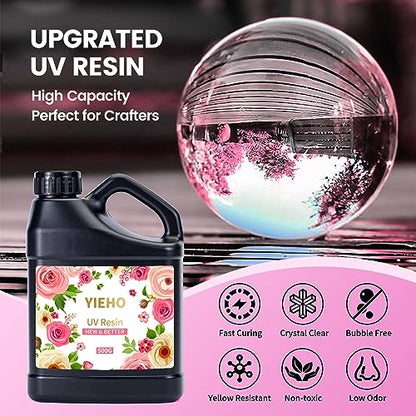 YIEHO UV Resin 2000g -Bulk Upgraded Crystal Clear Hard UV Fast Curing Epoxy Resin Supplies for Craft Jewelry Making with Sticks, Gloves and Measuring Cups - size: 2000g