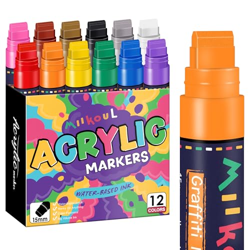 miikoul 12 Colors Jumbo Graffiti Markers, Large 15mm Felt Tip Permanent Acrylic Paint Pens Colored Markers for Rock Painting, Wood, Canvas, Glass, Plastic, Ceramics, Fabric and Outdoor Paintings - style: Regular color