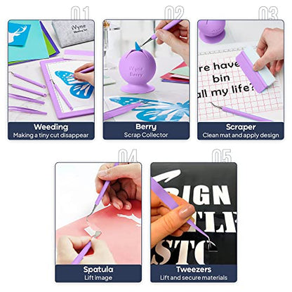 iVyne (8pcs) Premium Vinyl Weeding Tool Kit & Weeding Scrap Collector Soft Grip Tools with Berry, Weeder, Tweezers, Picker Or Hook, and Scraper Set for Silhouette Cameos & HTV - Purple - color: Silicone Tools & Berry Purple