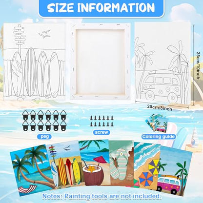 COCHIE 6 Pack 8x10 Inches Summer Beach Pre Drawn Canvas to Paint for Sip and Paint Party, Pre Printed Framed Canvases Set, Coconut Surfboard Parasol Pre Sketched Canvas for Painting for Adults Kids - size: 8x10 Inches, style: Summer