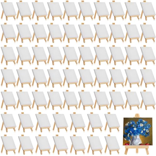 Mimorou 64 Pack Mini Canvas with Easel Sets for Painting Small Art Stretched Canvas Panels Pack with Wood Display Easel for Classroom Crafts, Art Projects, Birthday Paint Party Favors (4 x 4 Inch) - size: 4 x 4 Inch