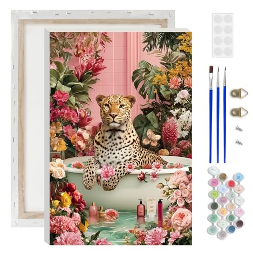 Lxmsja Leopard Bathtub Paint by Numbers Kit for Adults, Colorful Plants Acrylic Paint by Numbers for Adults Beginner, DIY Craft Supplies Oil Painting Kits for Home Wall Decor 8x12 inch (Framed) - color: Colorful#097