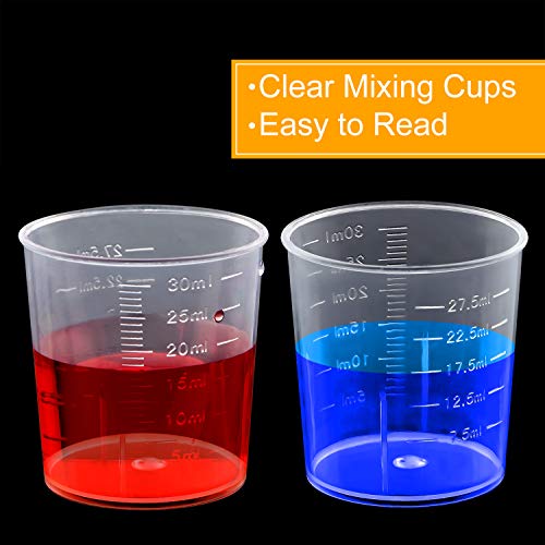 Coopay 50 Pack 30ml/1oz Plastic Graduated Cups Transparent Scale Clear Epoxy Mixing Cup with 100 Pack Wooden Stirring Sticks for Resin, Epoxy, Stain, Mixing Paint - size: 30ml