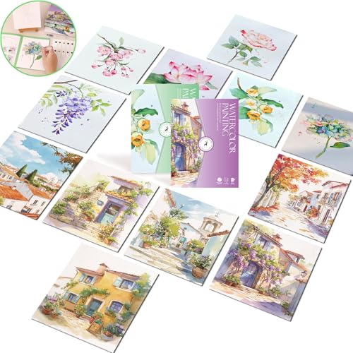 Watercolor Coloring Paper Set-All in One Pocket Watercolor Painting Book|Creative Watercolor Arts and Crafts for Adults Beginners|DIY Line Sketch Coloring Papers with Water(Flowers&Houses) - color: Flowers&Houses