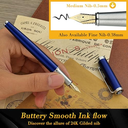 BEILUNER Luxury Fountain Pen Set,Solid 24K Gilded Medium Nib, Modern Classic Limited Edition -Includes 6 Ink Cartridges&Ink Refill Converter with Gift Case-Perfect for Men and Women（Charming blue） - color: Blue, style: Medium Nib