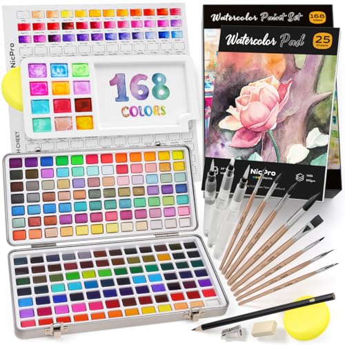 Nicpro 168 Colors Watercolor Paint Set include Metallic Macaron Candy Fluorescent, 8 Synthetic Squirrel Painting Brushes, 25 Water Color Paper, Palette, Art Supplies Kit for Artist Adult Beginner with Box - color: 168 Colors Watercolor Set
