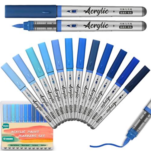 Blue Acrylic Paint Markers Pens 12 Color Creative Marker Set with Soft Brush Tip Blendable, Water-Based Formula for Paper, Wood, Ceramic, Glass, Rock, Canvas, Metal - color: Blue