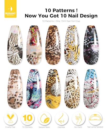BURANO Nail Art Nail Foil Glue Gel, o.5 oz with 10PCS Foil Stickers Set Nail Foil Glue for Nails Foil Transfer Gel, Nail Design DIY UV LED Lamp Required (Fall 20) - color: Fall 20
