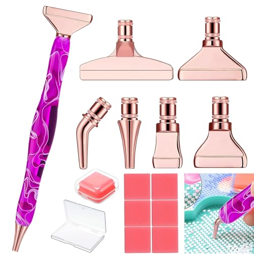 Heyseri 14PCS Diamond Painting Pen Accessories Tools Set Ergonomic Diamond Art Pen Exquisite Stainless Steel Metal Pen Tips and 6 Painting Glue Clay,Comfort Grip and Faster Drilling for DIY Craft - color: 14PCS-Purple pen+Rose gold