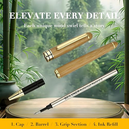 BEILUNER Luxury Wood Ballpoint Pen Writing Set,Bamboo-Elegant Nature Nice Gift Pen Set for Signature Executive Business Office Fancy Writing Supplies - Christmas Gift Boxed with Spare Refills (Black) - color: Bamboo