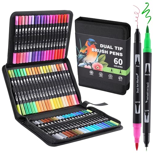 nauets 60 Colors Brush & Fine Dual Tip Watercolor Markers for Adult Coloring Books No Bleeding Professional Paint Pens For Drawing Note taking Planner Calligraphy Journaling Card Making Art Supplies - style: 60 Color Markers