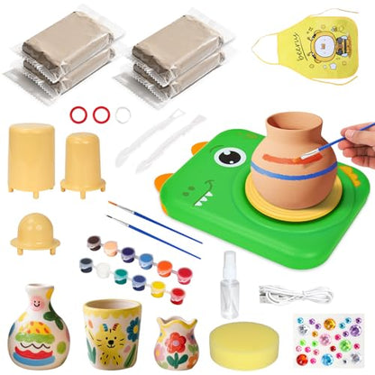Pottery Wheel for Kids, Art Supplies Arts & Crafts Kit, Crafts Toys for Girls 6+, Pottery Studio Craft Kit with 4 Pack Air-Dry Clay,Girls Toys Birthday Christmas Gift for Kids Ages 6 7 8 9 10 11 12+ - color: Green -Dinosaur