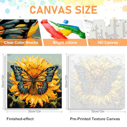 Framed Paint by Numbers Kit for Adults Beginners & Kids Ages 8-12, Butterfly Sunflower Acrylic Easy Paint by Number with Frame, Number Painting Kits on Canvas Framed (12 * 12 Inch, without Easel) - color: BOP1PF01, size: 12 x 12 Inch
