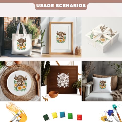 2 Sheets Silk Screen Stencil, The Cow Consumes Sunflowers Reusable Stencils Templates Self-Adhesive Silk Screen Printing for Wall Border Wood Fabric Home Craft Decor - style: Cow Sunflowers