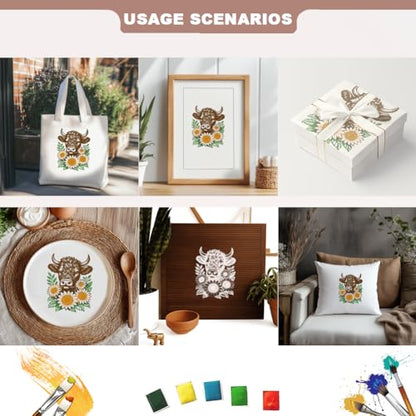 2 Sheets Silk Screen Stencil, The Cow Consumes Sunflowers Reusable Stencils Templates Self-Adhesive Silk Screen Printing for Wall Border Wood Fabric Home Craft Decor - style: Cow Sunflowers