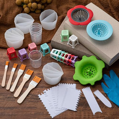 Fuyoooo 1 Set Paint Pouring Supplies 1 Acrylic Paint Pouring Splash Guard 12 Canva Stands 4 Split Cups 3 Painting Strainer 4 Measuring Cups 7 Cleaning Scraper 5 Pairs of Gloves 5 Brush 1 Dust Balloon