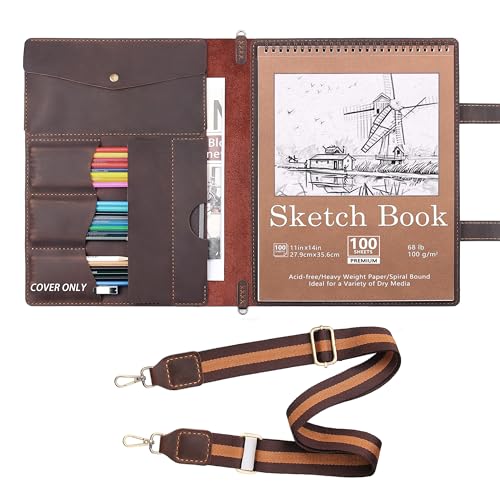 Robrasim Handmade Leather Sketchbook Cover, Artist Sketch Pad Holder for 11"X14" Top Spiral Bound Sketchbook, Drawing Book Pencil Case, Journal Portfolio with Shoulder Strap, Artist Gifts,Coffee - color: Coffee, size: For 11"x14"