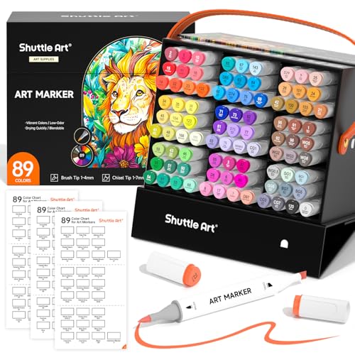 Shuttle Art Brush Tip Alcohol Markers, Dual Tip Brush & Chisel Tip Art Marker Set, 89 Colors Marker Pens with Organized Case Perfect for Illustration Students Adults Coloring Sketching - color: 89 Colors Brush & Chisel Tip