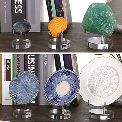 Hipiwe Clear Acrylic Display Stand Holder with Adjustable Metal Arms Display Easel Stands for Gemstones Fossils Minerals Agate Slabs Plates Crystals Saucers Collectibles, 2.8*2.8*4.1 inch