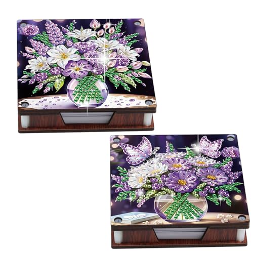 JISHSHAY 2 PCS Diamond Art Note Box Flower Diamond Painting Note Pad Holder Vase Gem Painting Gem Art Memo Boxes Mosaic Kits for Adults Embroidery Kit Memo Pad Holder, Contains 120 Sheets of Paper - color: Flower 2