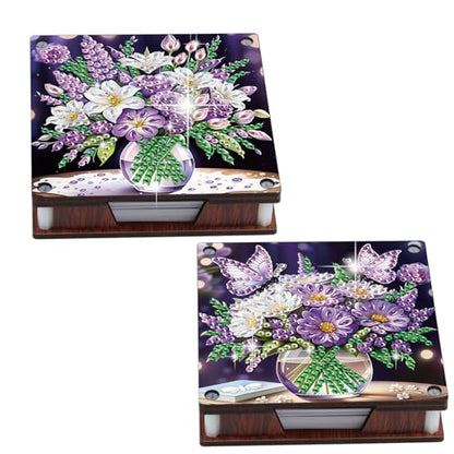 JISHSHAY 2 PCS Diamond Art Note Box Flower Diamond Painting Note Pad Holder Vase Gem Painting Gem Art Memo Boxes Mosaic Kits for Adults Embroidery Kit Memo Pad Holder, Contains 120 Sheets of Paper - color: Flower 2