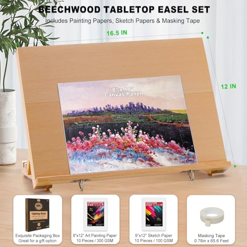 16.5"x12" Beechwood Tabletop Easel with Paint and Sketch Papers,Mask Tape | Portable Adjustable Art Easel with Detachable Strap, Drawing Board for Painting, Sketching and Diamond Art - style: A3