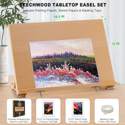 16.5"x12" Beechwood Tabletop Easel with Paint and Sketch Papers,Mask Tape | Portable Adjustable Art Easel with Detachable Strap, Drawing Board for Painting, Sketching and Diamond Art - style: A3