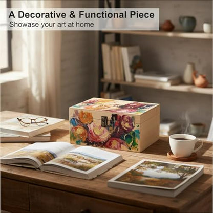 Unfinished Wooden Box 10x7x7 Inch with Hinged Lid & Clasp, Natural Pine Craft Storage Box for DIY Painting, Stain & Wood Burning, Includes 10 Paint Brushes