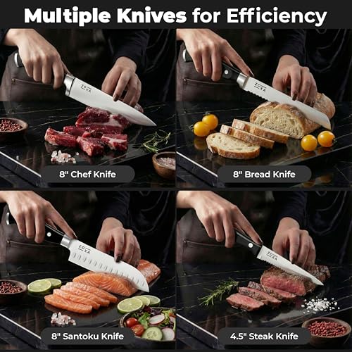 Kitchen Knife Set with Block, 15-Piece Stainless Steel Chef Knife Set, Kitchen Knives with Steak Knives, Honing Rod & Kitchen Scissors, Knife Block Set